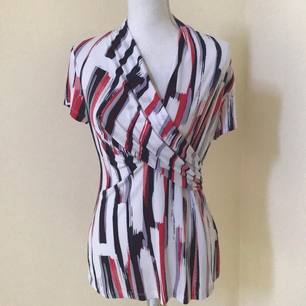 NWT! DKNY size M red combo ruched faux wrap style top